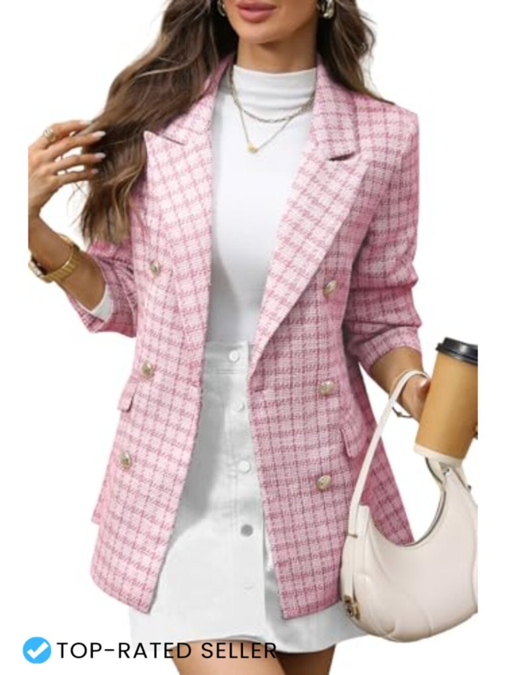 Oversized Plaid Tweed Blazer Boyfriend Double Breasted Business Casual Jacket